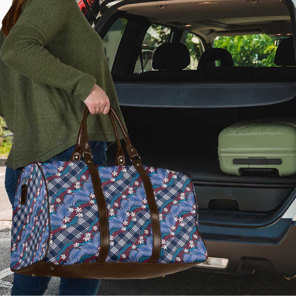 Polynesian Monstera Tiare Floral Travel Bag Royal Blue Tropical Plaid - Polynesian Pride