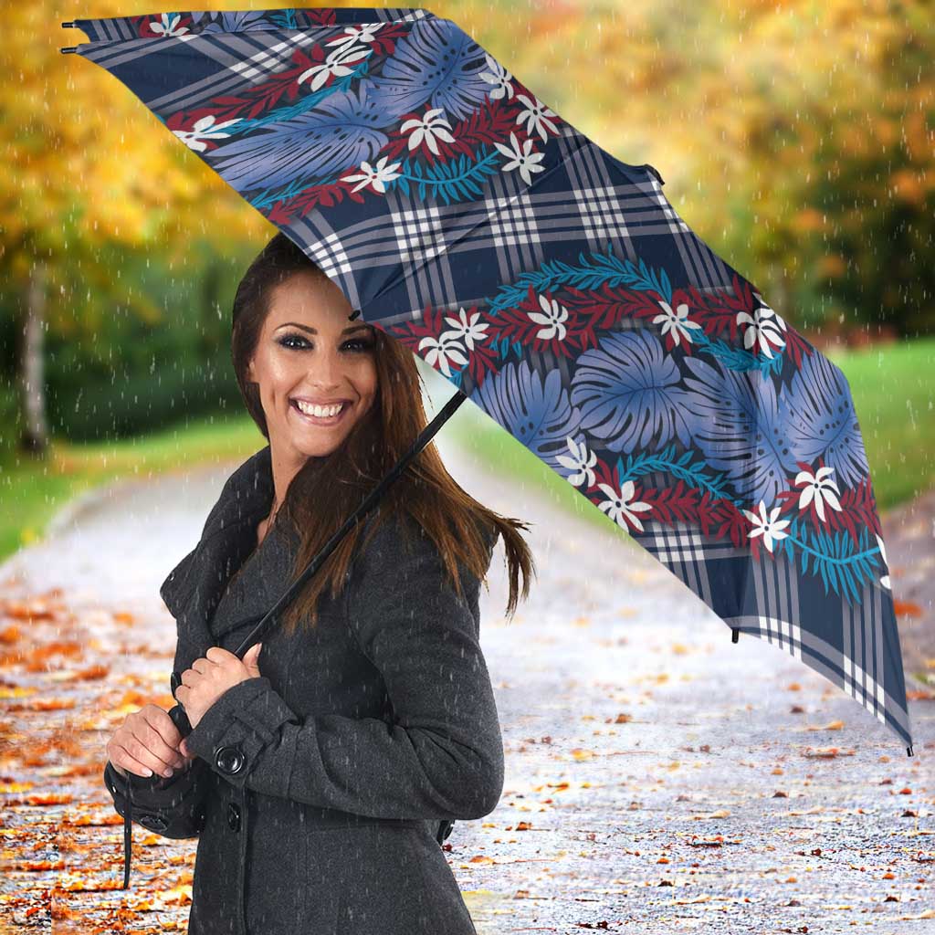 Polynesian Monstera Tiare Floral Umbrella Royal Blue Tropical Plaid - Polynesian Pride
