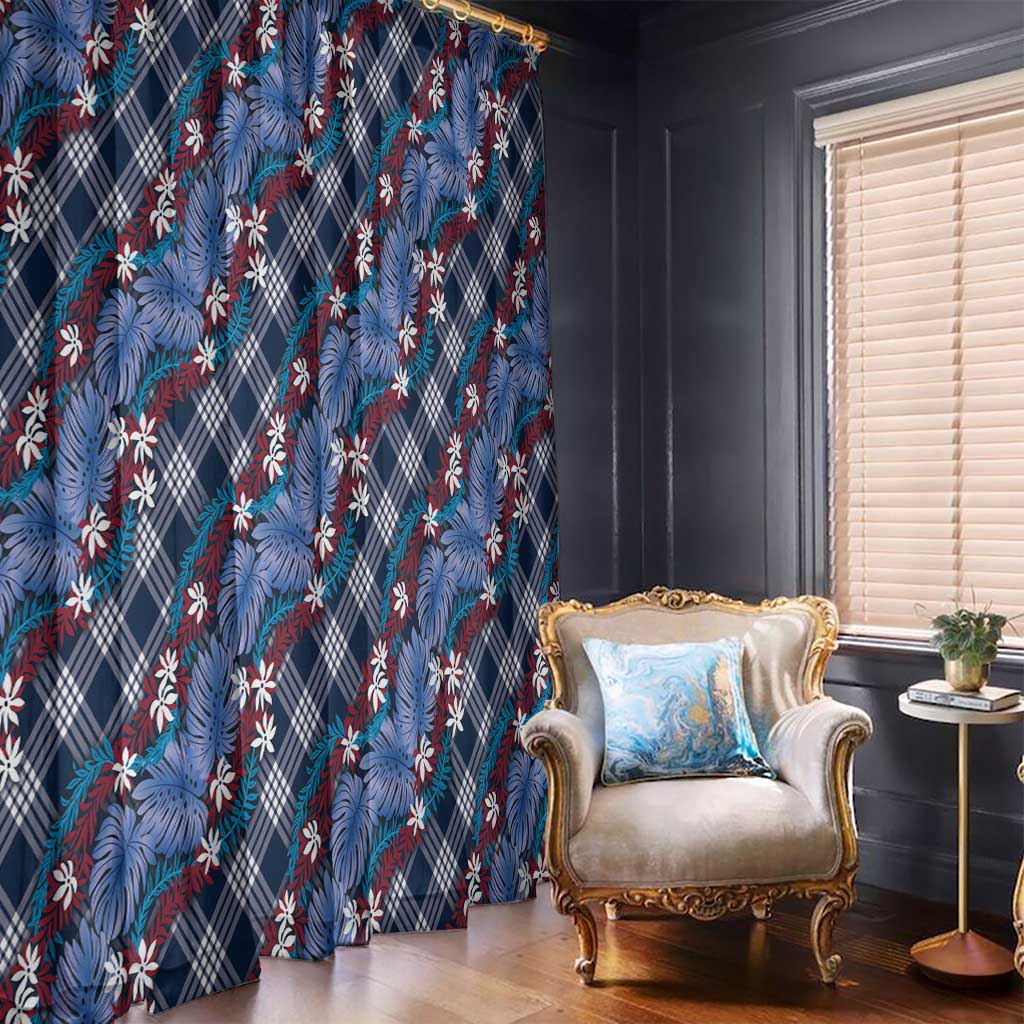 Polynesian Monstera Tiare Floral Window Curtain Royal Blue Tropical Plaid - Polynesian Pride