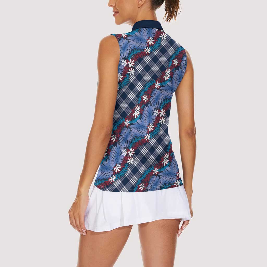 Polynesian Monstera Tiare Floral Women Sleeveless Polo Shirt Royal Blue Tropical Plaid - Polynesian Pride