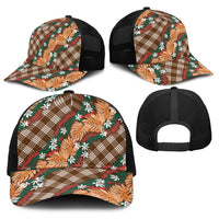 Polynesian Monstera Tiare Floral Baseball Net Cap Chocolate Brown Tropical Plaid - Polynesian Pride