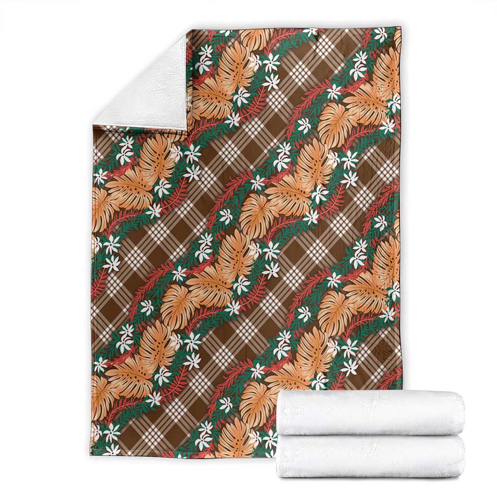 Polynesian Monstera Tiare Floral Blanket Chocolate Brown Tropical Plaid - Polynesian Pride