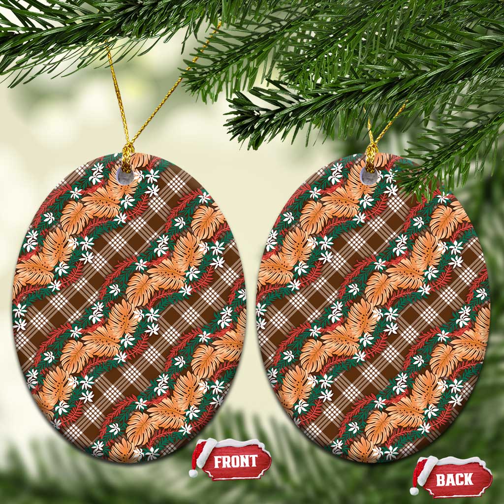Polynesian Monstera Tiare Floral Ceramic Ornament Chocolate Brown Tropical Plaid - Polynesian Pride
