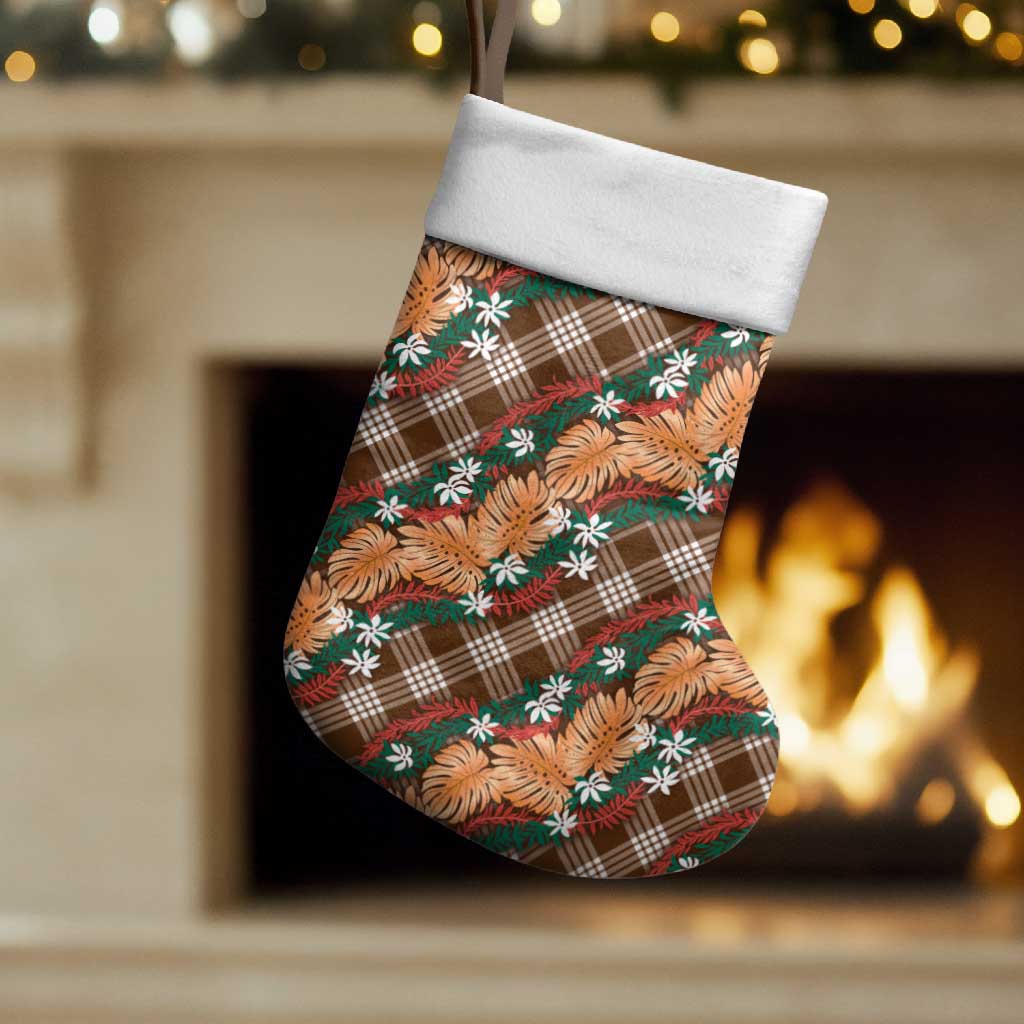 Polynesian Monstera Tiare Floral Christmas Stocking Chocolate Brown Tropical Plaid - Polynesian Pride