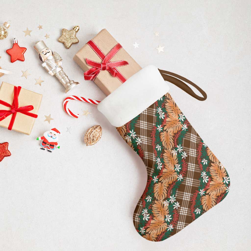Polynesian Monstera Tiare Floral Christmas Stocking Chocolate Brown Tropical Plaid - Polynesian Pride