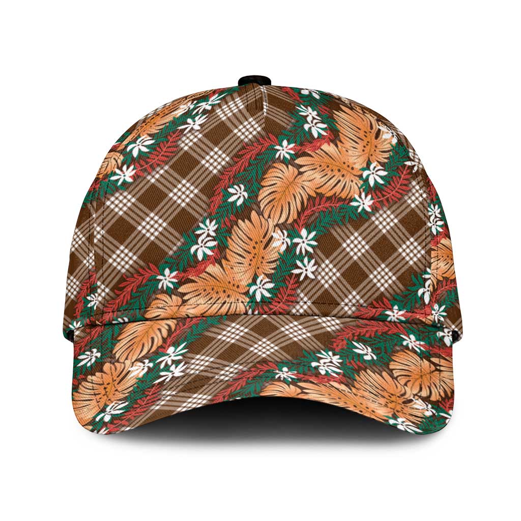 Polynesian Monstera Tiare Floral Classic Cap Chocolate Brown Tropical Plaid - Polynesian Pride