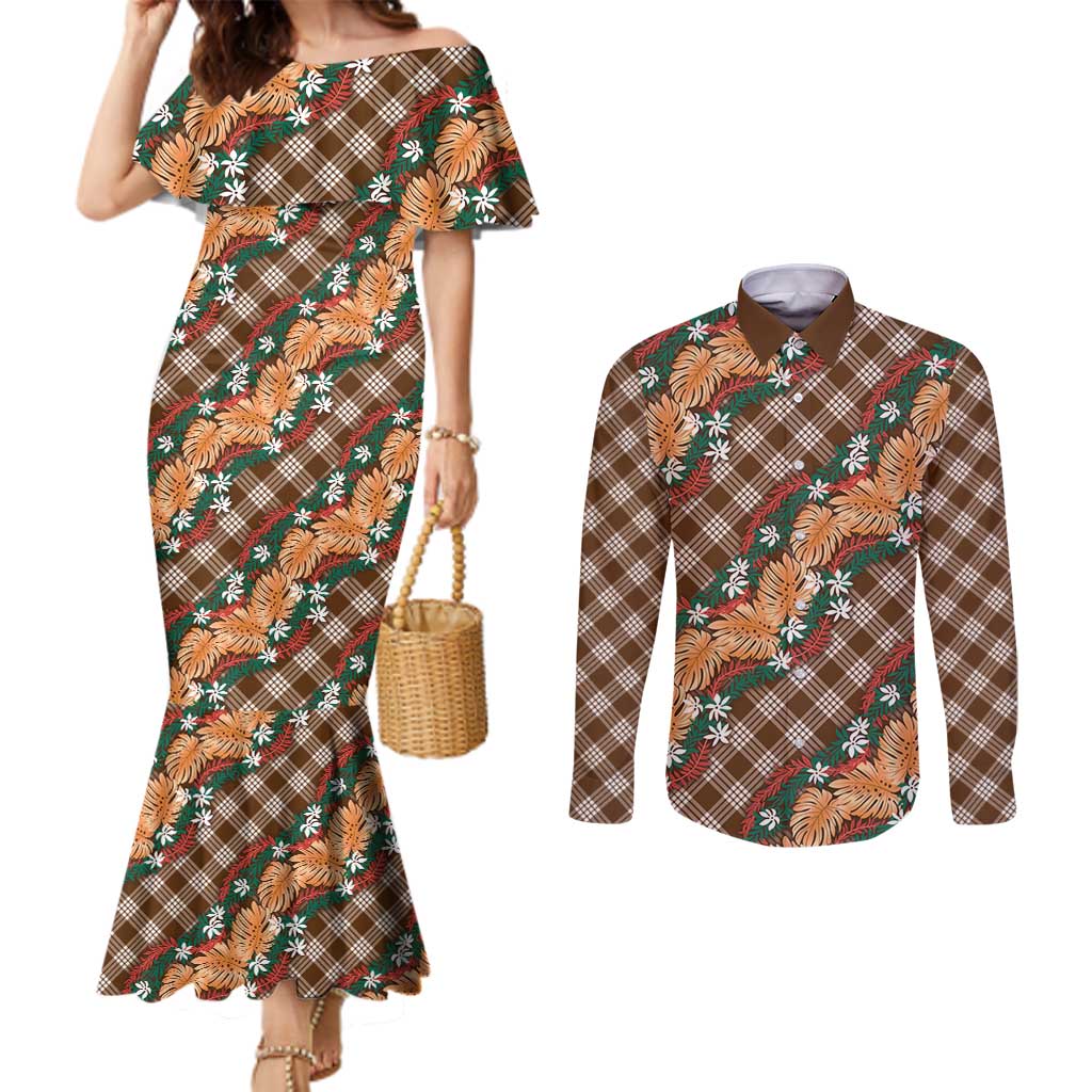 Polynesian Monstera Tiare Floral Couples Matching Mermaid Dress and Long Sleeve Button Shirt Chocolate Brown Tropical Plaid LT01 Brown - Polynesian Pride