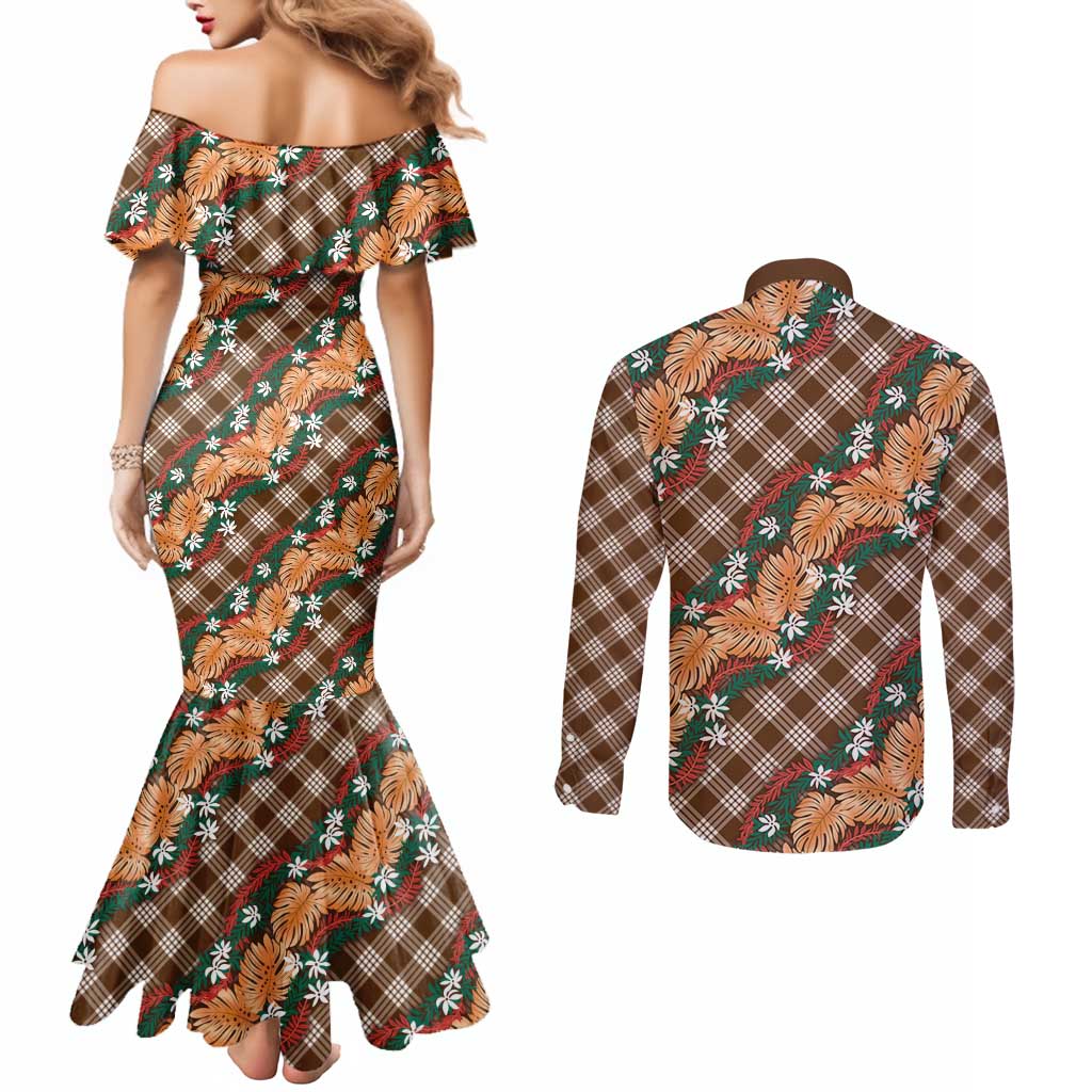 Polynesian Monstera Tiare Floral Couples Matching Mermaid Dress and Long Sleeve Button Shirt Chocolate Brown Tropical Plaid LT01 - Polynesian Pride