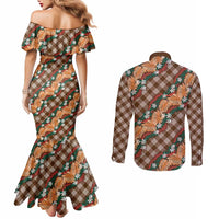Polynesian Monstera Tiare Floral Couples Matching Mermaid Dress and Long Sleeve Button Shirt Chocolate Brown Tropical Plaid LT01 - Polynesian Pride