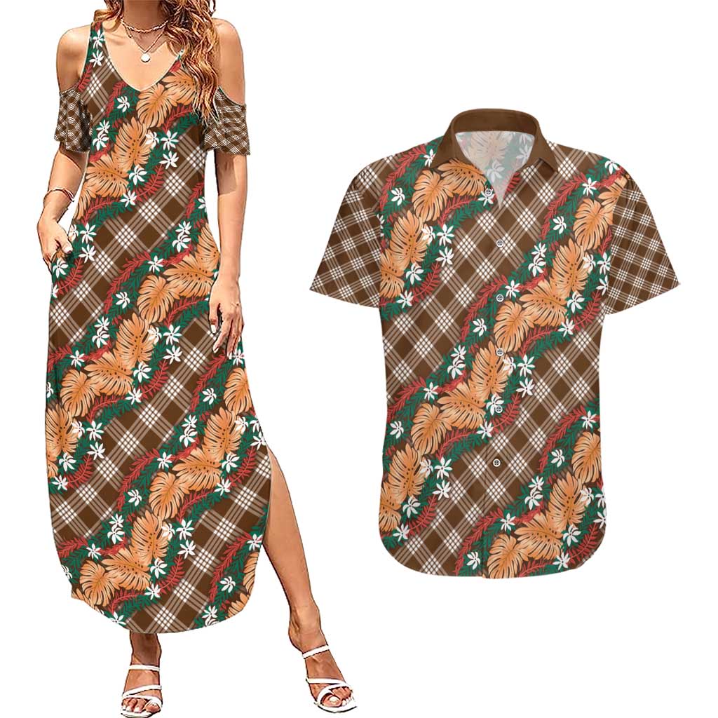 Polynesian Monstera Tiare Floral Couples Matching Summer Maxi Dress and Hawaiian Shirt Chocolate Brown Tropical Plaid LT01 Brown - Polynesian Pride