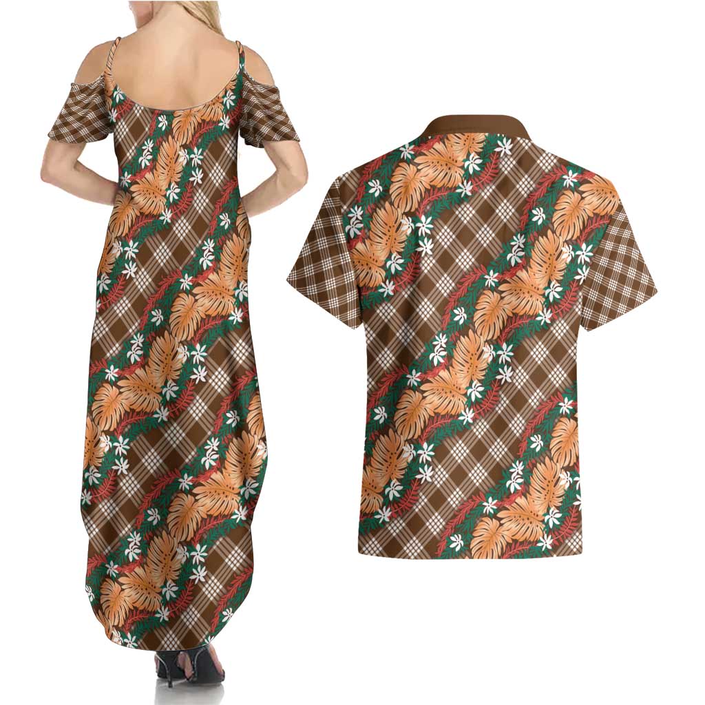 Polynesian Monstera Tiare Floral Couples Matching Summer Maxi Dress and Hawaiian Shirt Chocolate Brown Tropical Plaid LT01 - Polynesian Pride