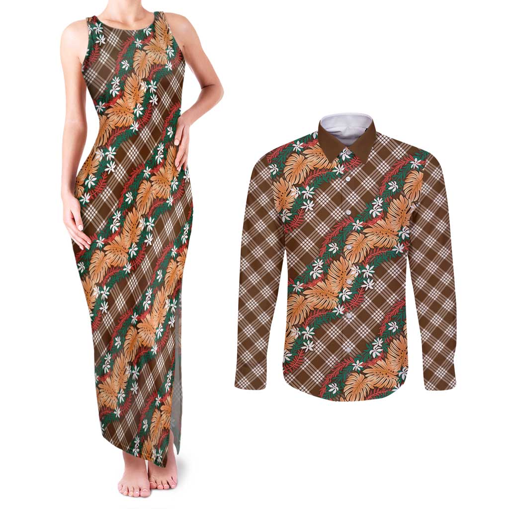 Polynesian Monstera Tiare Floral Couples Matching Tank Maxi Dress and Long Sleeve Button Shirt Chocolate Brown Tropical Plaid LT01 Brown - Polynesian Pride