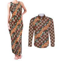 Polynesian Monstera Tiare Floral Couples Matching Tank Maxi Dress and Long Sleeve Button Shirt Chocolate Brown Tropical Plaid LT01 Brown - Polynesian Pride