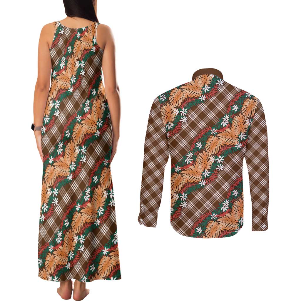 Polynesian Monstera Tiare Floral Couples Matching Tank Maxi Dress and Long Sleeve Button Shirt Chocolate Brown Tropical Plaid LT01 - Polynesian Pride