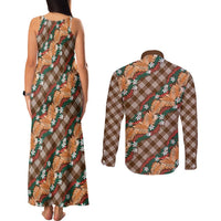 Polynesian Monstera Tiare Floral Couples Matching Tank Maxi Dress and Long Sleeve Button Shirt Chocolate Brown Tropical Plaid LT01 - Polynesian Pride