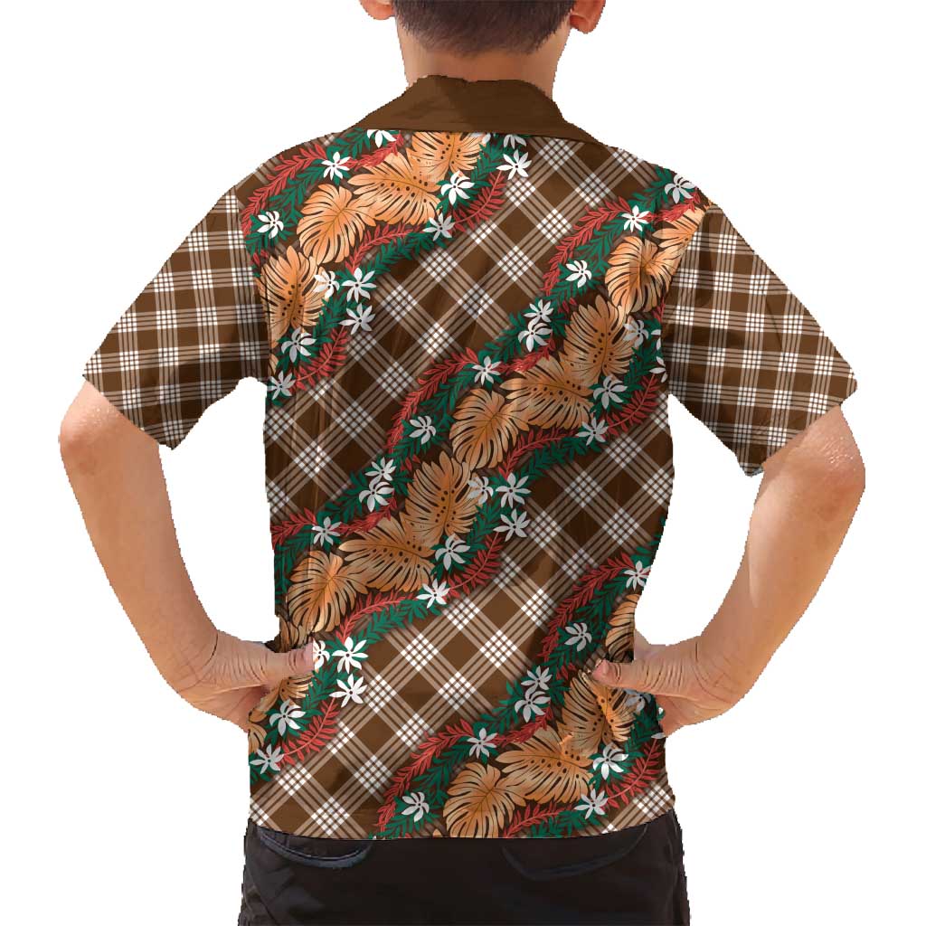 Polynesian Monstera Tiare Floral Family Matching Long Sleeve Bodycon Dress and Hawaiian Shirt Chocolate Brown Tropical Plaid - Polynesian Pride
