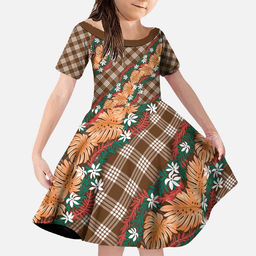 Polynesian Monstera Tiare Floral Family Matching Long Sleeve Bodycon Dress and Hawaiian Shirt Chocolate Brown Tropical Plaid - Polynesian Pride