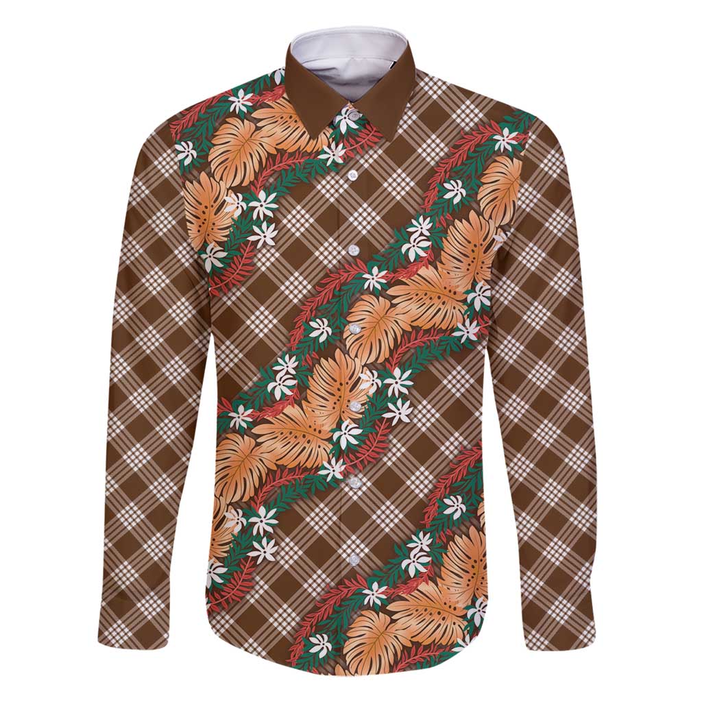 Polynesian Monstera Tiare Floral Family Matching Long Sleeve Bodycon Dress and Hawaiian Shirt Chocolate Brown Tropical Plaid - Polynesian Pride