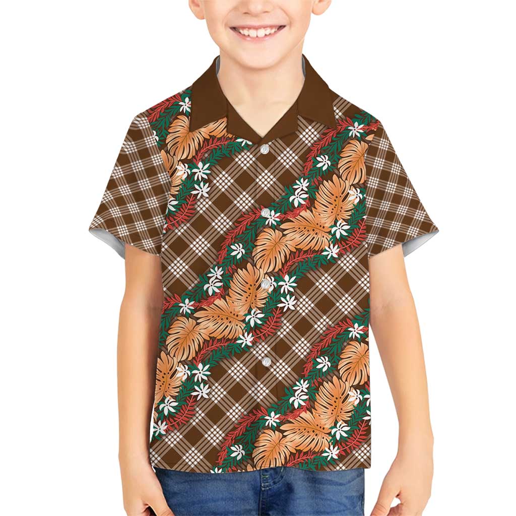 Polynesian Monstera Tiare Floral Family Matching Long Sleeve Bodycon Dress and Hawaiian Shirt Chocolate Brown Tropical Plaid - Polynesian Pride