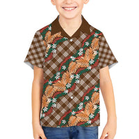 Polynesian Monstera Tiare Floral Family Matching Long Sleeve Bodycon Dress and Hawaiian Shirt Chocolate Brown Tropical Plaid - Polynesian Pride