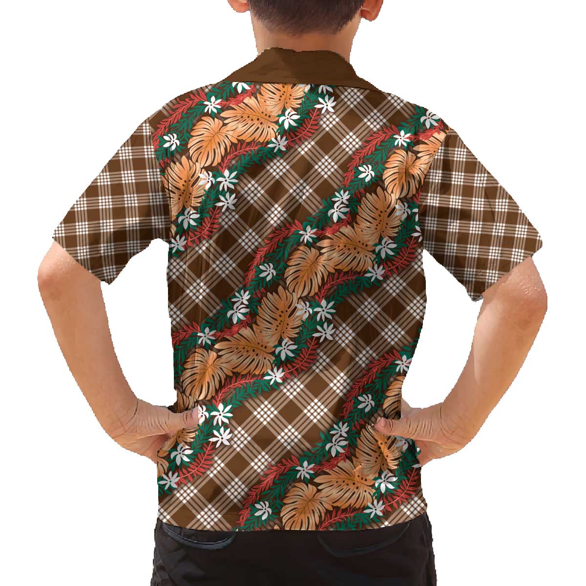 Polynesian Monstera Tiare Floral Family Matching Off The Shoulder Long Sleeve Dress and Hawaiian Shirt Chocolate Brown Tropical Plaid - Polynesian Pride