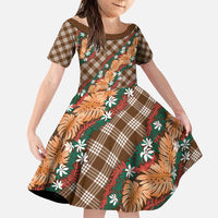 Polynesian Monstera Tiare Floral Family Matching Puletasi and Hawaiian Shirt Chocolate Brown Tropical Plaid - Polynesian Pride