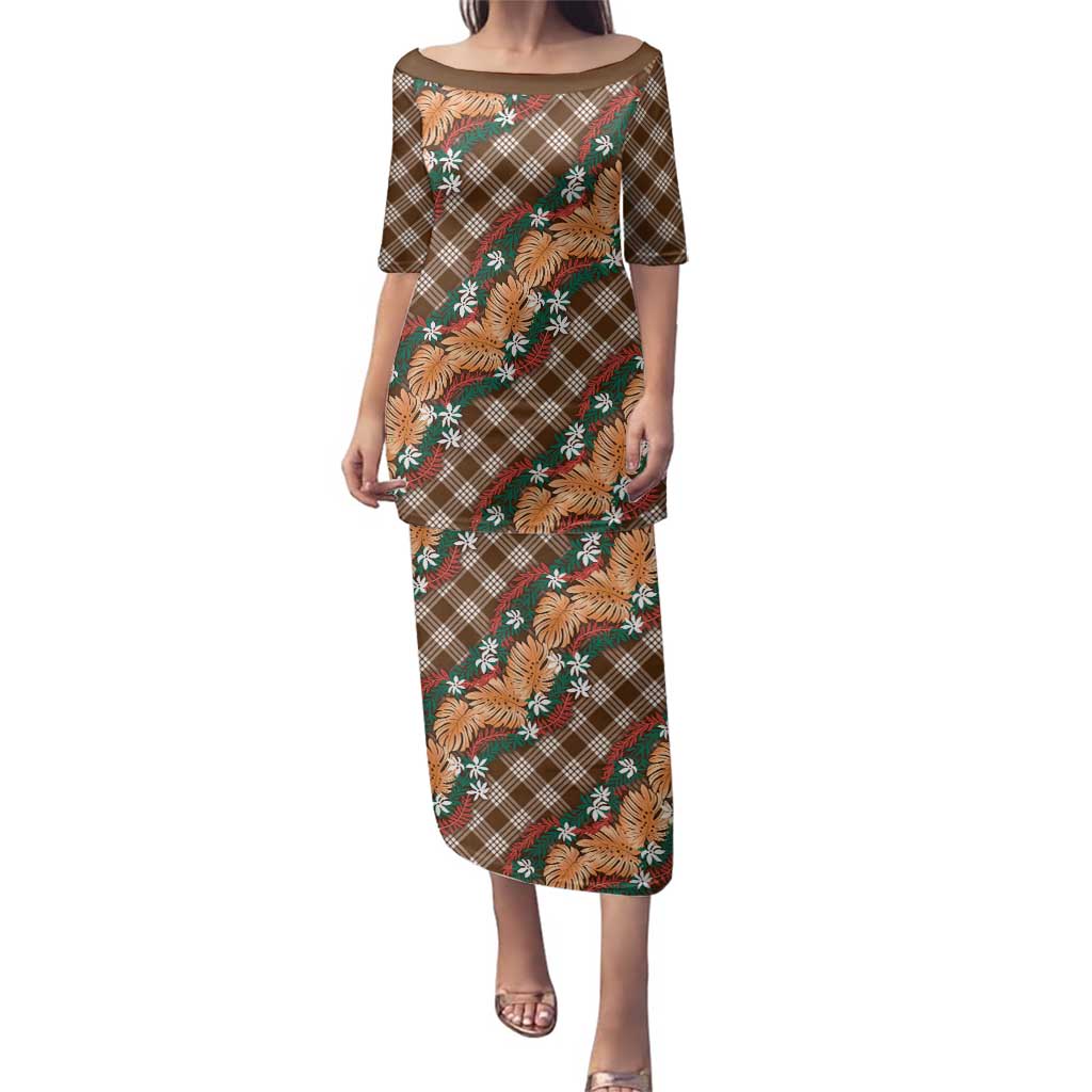 Polynesian Monstera Tiare Floral Family Matching Puletasi and Hawaiian Shirt Chocolate Brown Tropical Plaid - Polynesian Pride