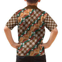Polynesian Monstera Tiare Floral Family Matching Short Sleeve Bodycon Dress and Hawaiian Shirt Chocolate Brown Tropical Plaid - Polynesian Pride