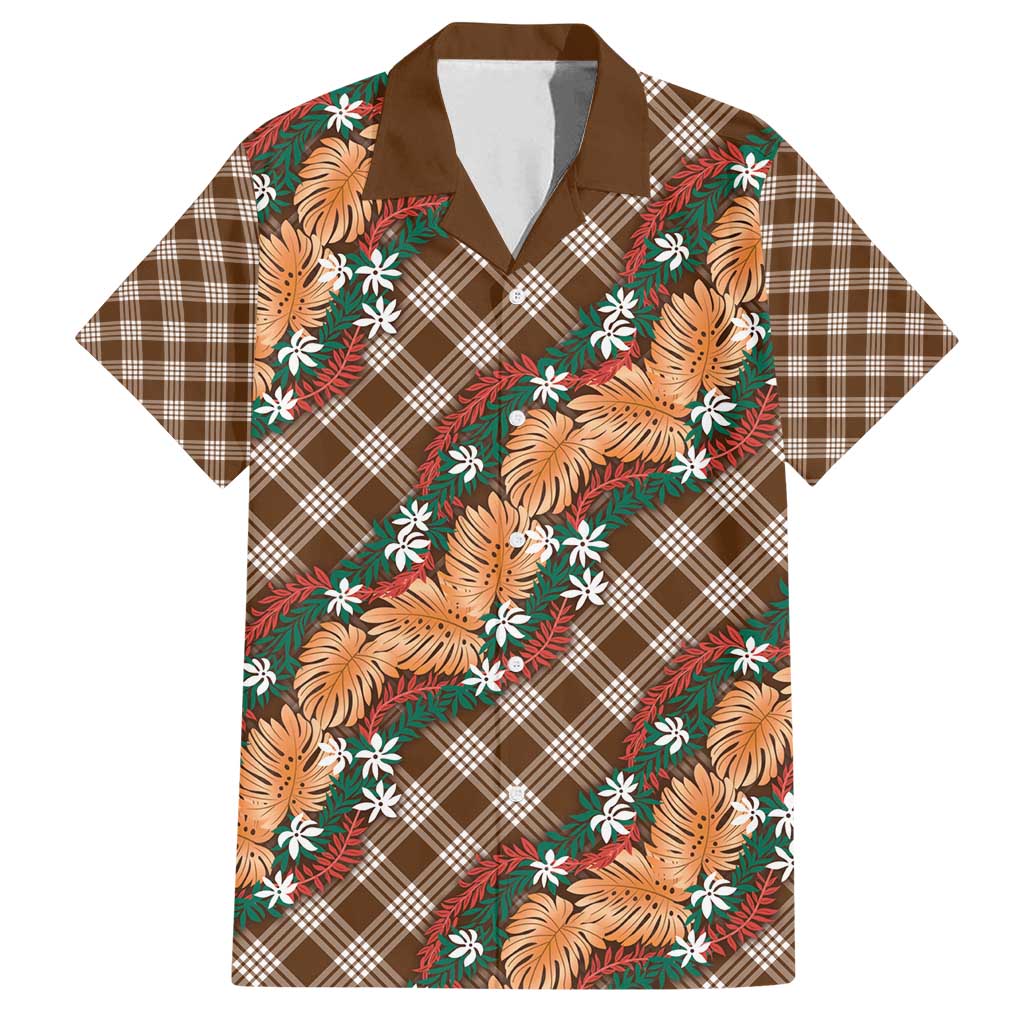 Polynesian Monstera Tiare Floral Family Matching Tank Maxi Dress and Hawaiian Shirt Chocolate Brown Tropical Plaid - Polynesian Pride