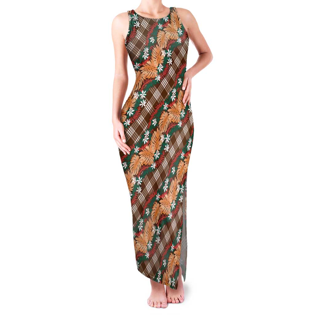 Polynesian Monstera Tiare Floral Family Matching Tank Maxi Dress and Hawaiian Shirt Chocolate Brown Tropical Plaid - Polynesian Pride