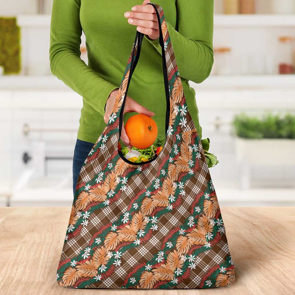 Polynesian Monstera Tiare Floral Grocery Bag Chocolate Brown Tropical Plaid LT01 - Polynesian Pride