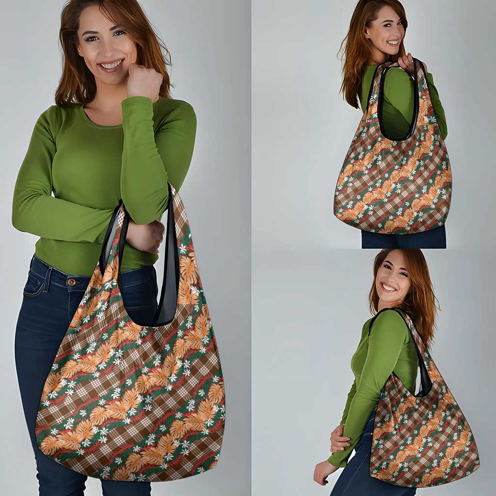 Polynesian Monstera Tiare Floral Grocery Bag Chocolate Brown Tropical Plaid LT01 - Polynesian Pride