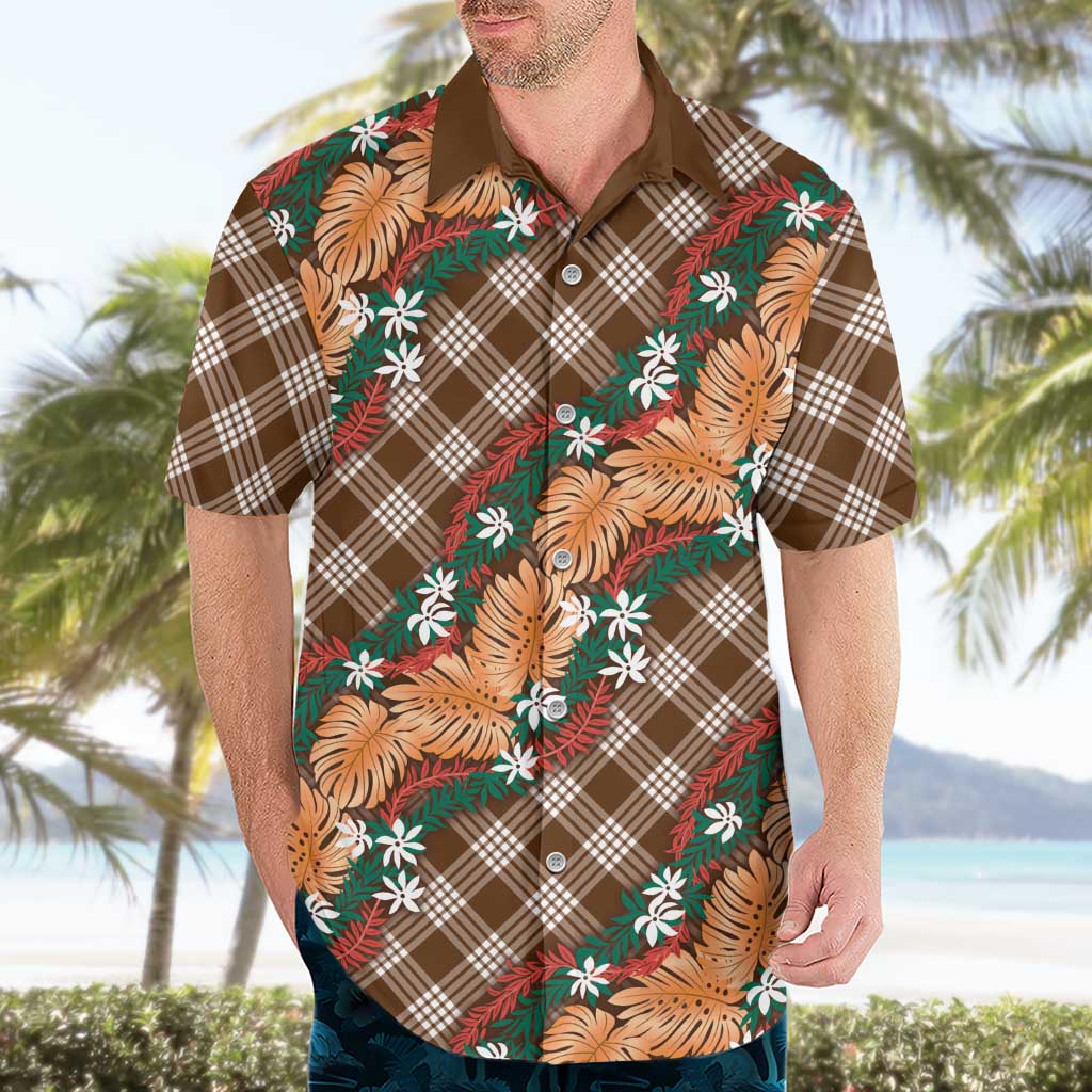 Polynesian Monstera Tiare Floral Hawaiian Shirt Chocolate Brown Tropical Plaid LT01 - Polynesian Pride
