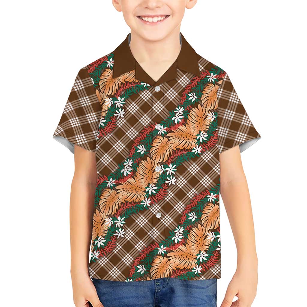 Polynesian Monstera Tiare Floral Hawaiian Shirt Chocolate Brown Tropical Plaid LT01 - Polynesian Pride