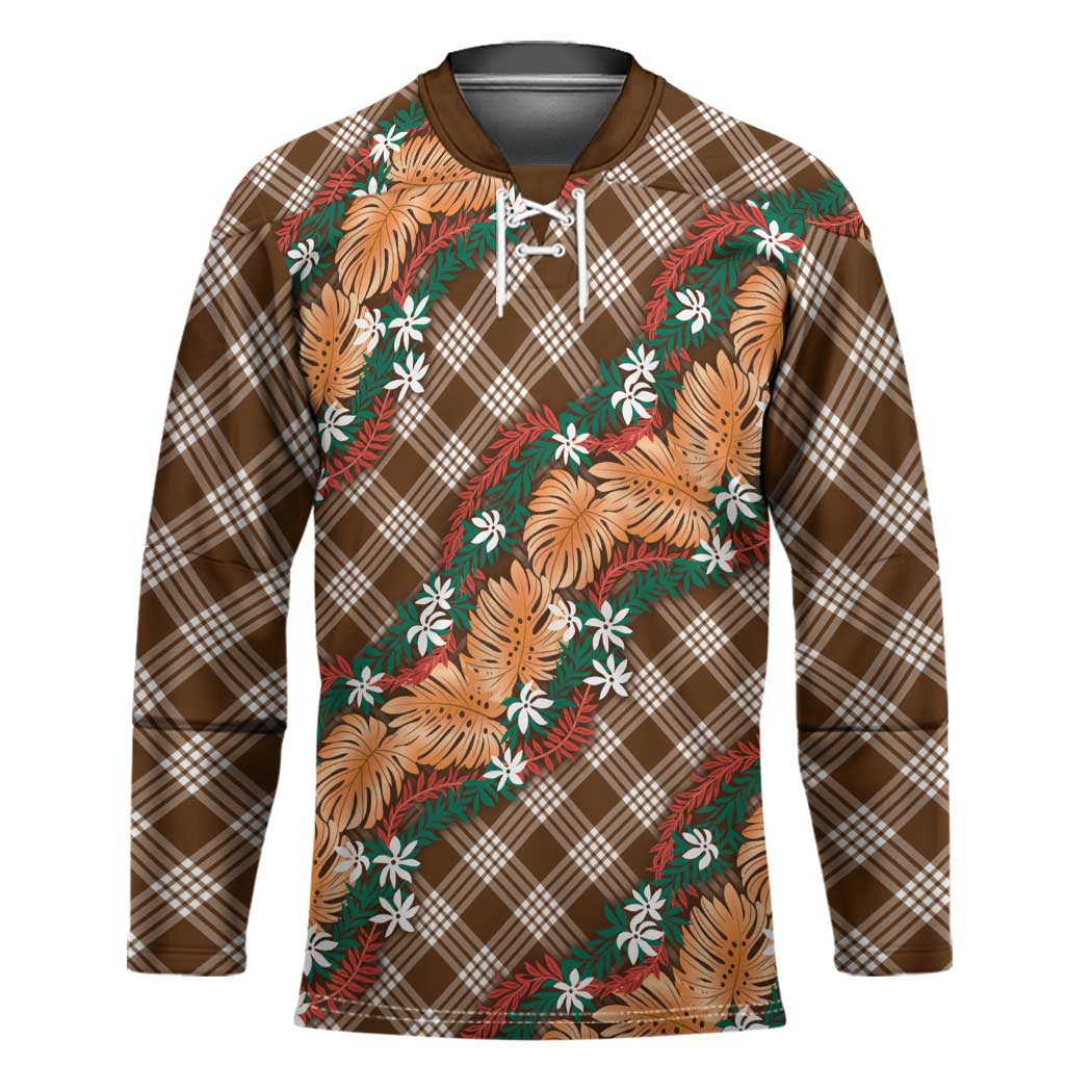 Polynesian Monstera Tiare Floral Hockey Jersey Chocolate Brown Tropical Plaid LT01 Unisex Brown - Polynesian Pride
