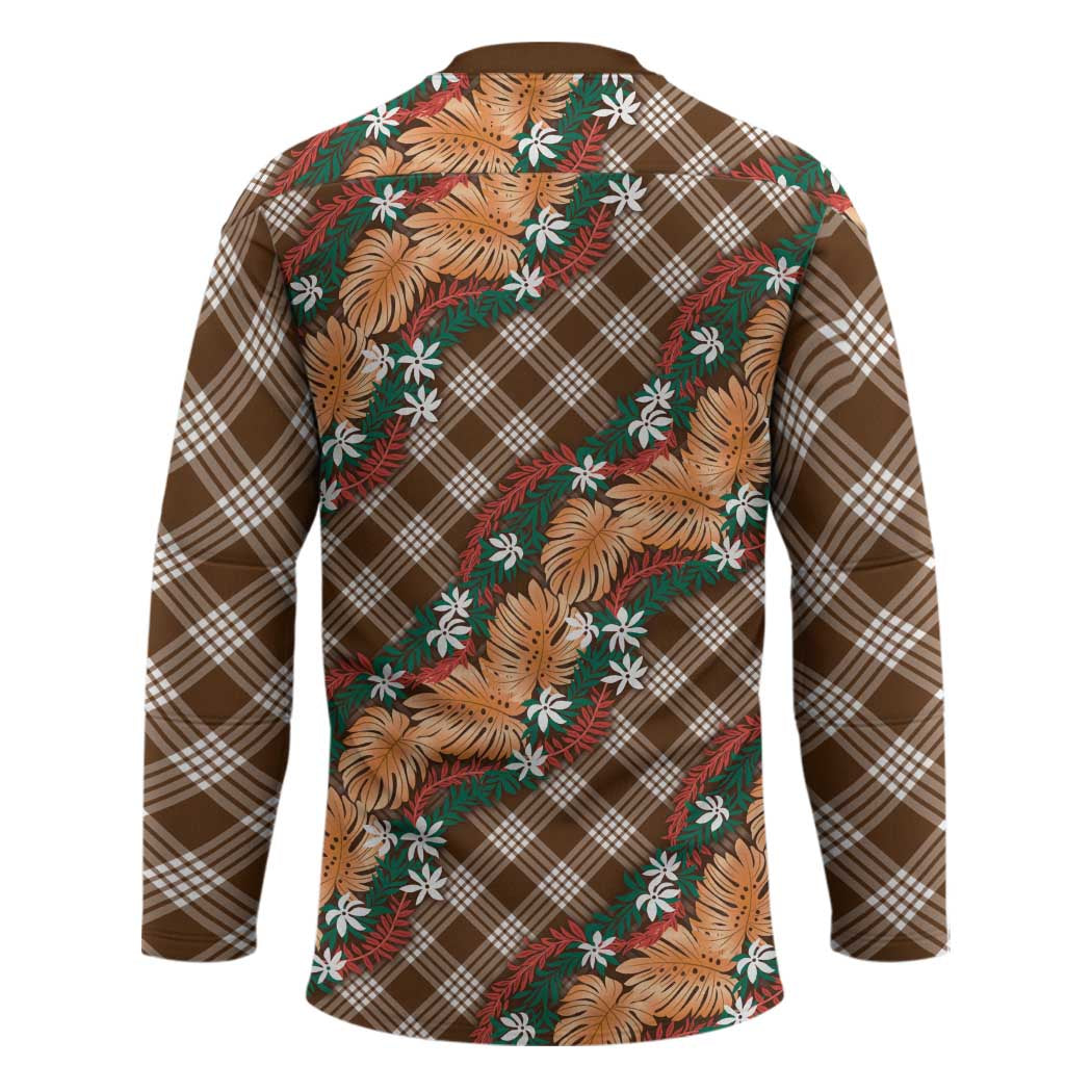 Polynesian Monstera Tiare Floral Hockey Jersey Chocolate Brown Tropical Plaid LT01 - Polynesian Pride
