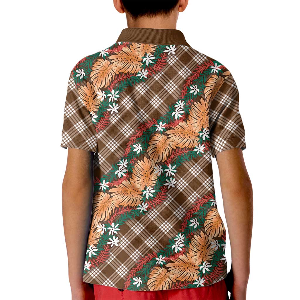 Polynesian Monstera Tiare Floral Kid Polo Shirt Chocolate Brown Tropical Plaid LT01 - Polynesian Pride