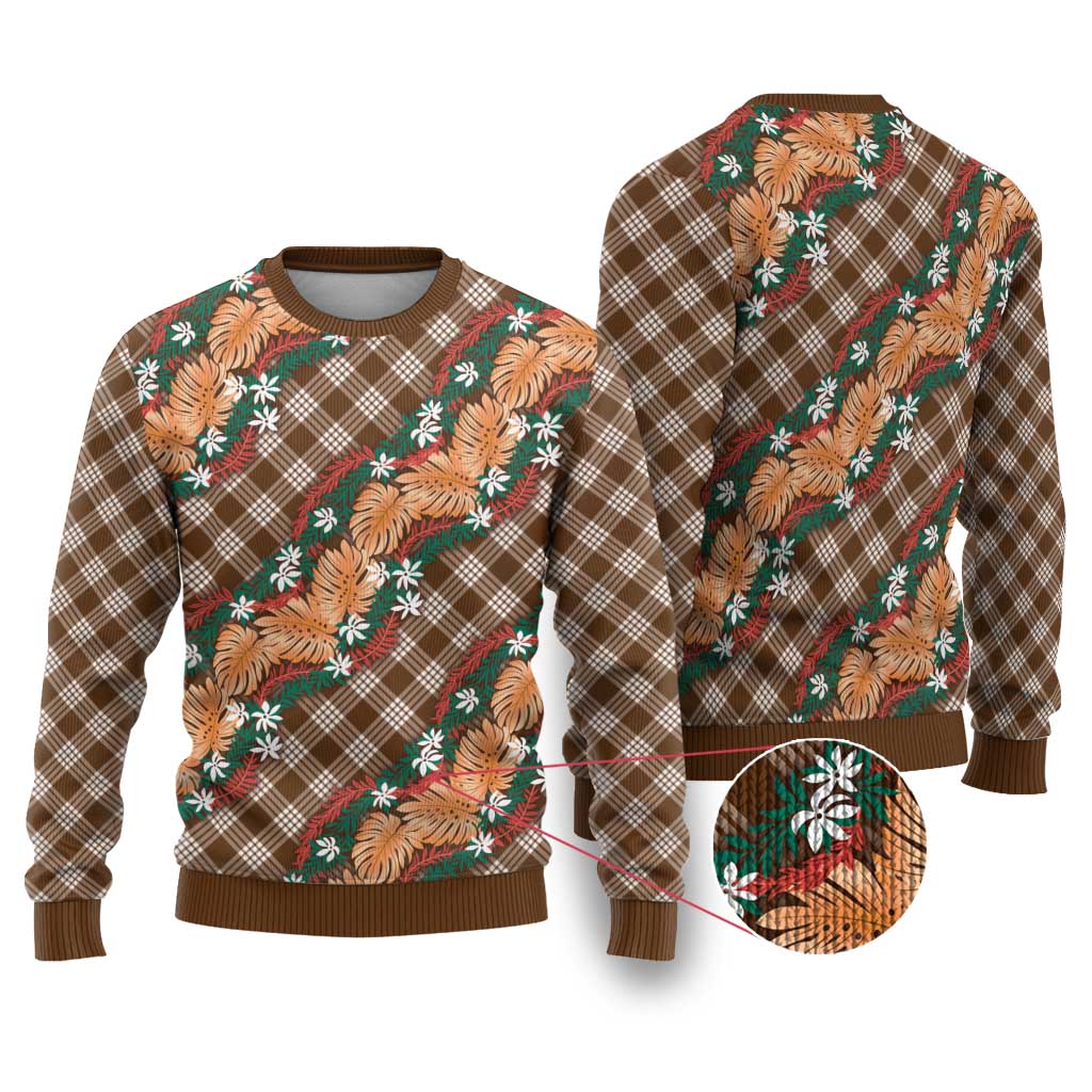 Polynesian Monstera Tiare Floral Ugly Christmas Sweater Chocolate Brown Tropical Plaid LT01 Brown - Polynesian Pride