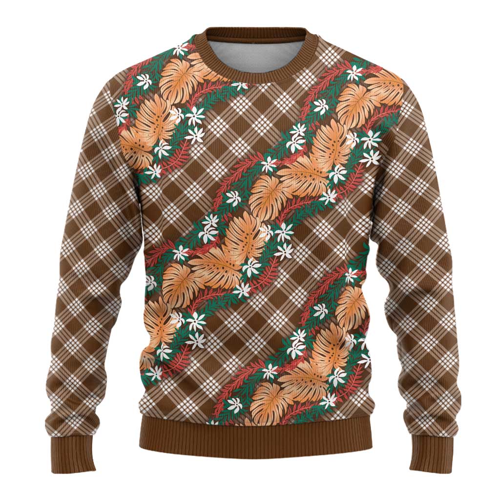 Polynesian Monstera Tiare Floral Ugly Christmas Sweater Chocolate Brown Tropical Plaid LT01 - Polynesian Pride