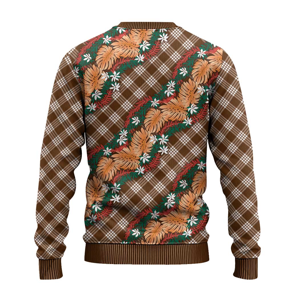 Polynesian Monstera Tiare Floral Ugly Christmas Sweater Chocolate Brown Tropical Plaid LT01 - Polynesian Pride