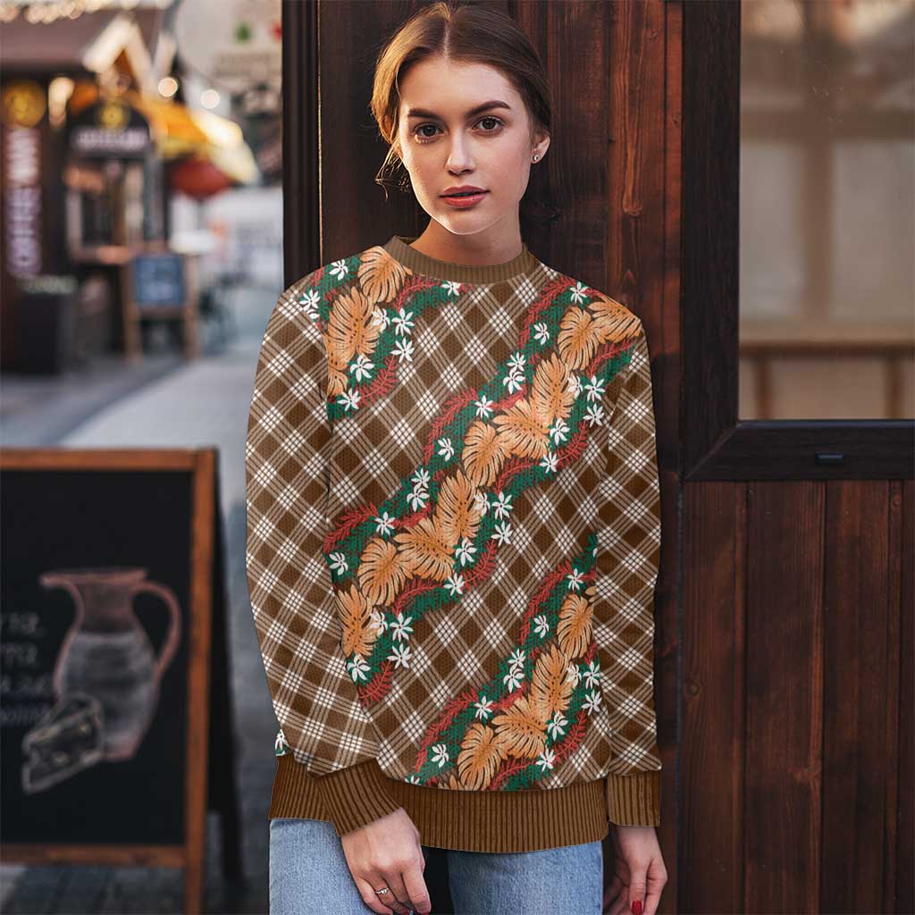 Polynesian Monstera Tiare Floral Ugly Christmas Sweater Chocolate Brown Tropical Plaid LT01 - Polynesian Pride