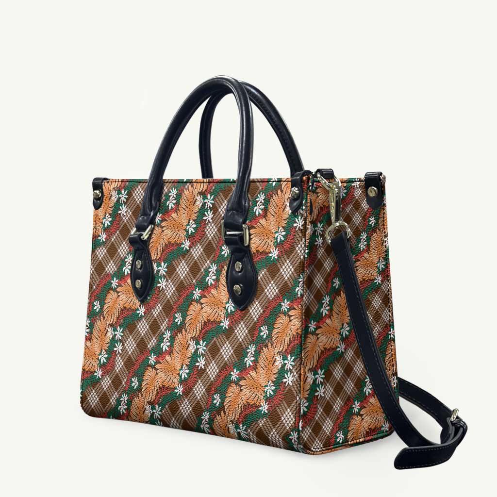 Polynesian Monstera Tiare Floral Leather Bag Chocolate Brown Tropical Plaid - Polynesian Pride