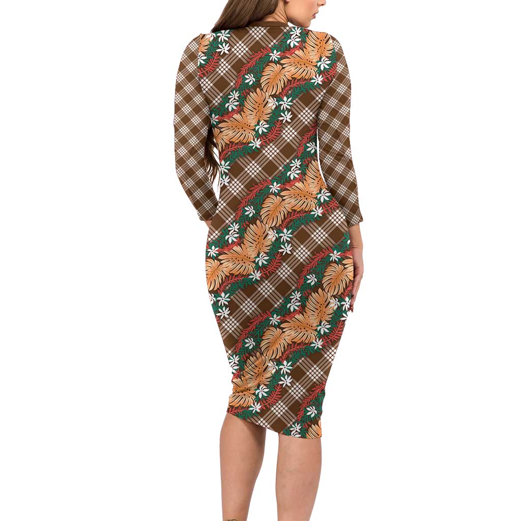 Polynesian Monstera Tiare Floral Long Sleeve Bodycon Dress Chocolate Brown Tropical Plaid LT01 - Polynesian Pride