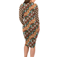 Polynesian Monstera Tiare Floral Long Sleeve Bodycon Dress Chocolate Brown Tropical Plaid LT01 - Polynesian Pride