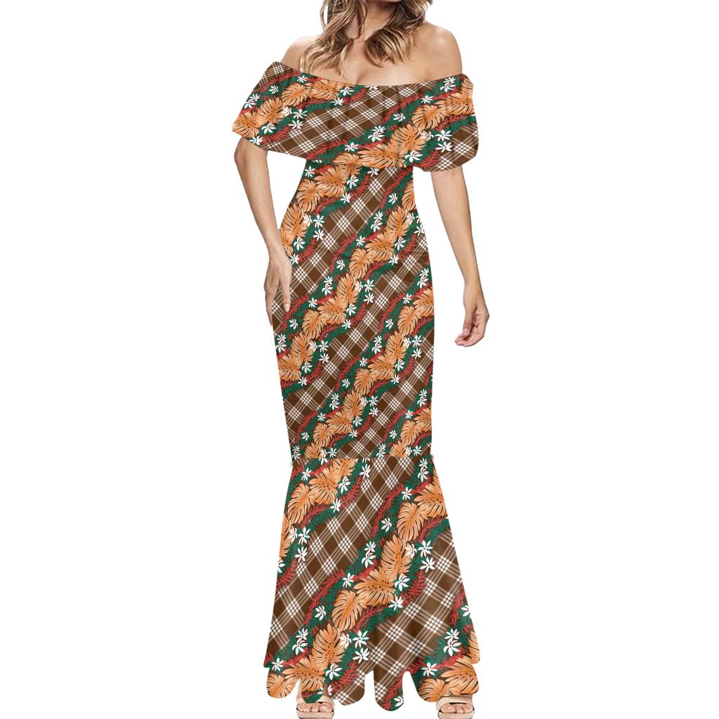 Polynesian Monstera Tiare Floral Mermaid Dress Chocolate Brown Tropical Plaid - Polynesian Pride