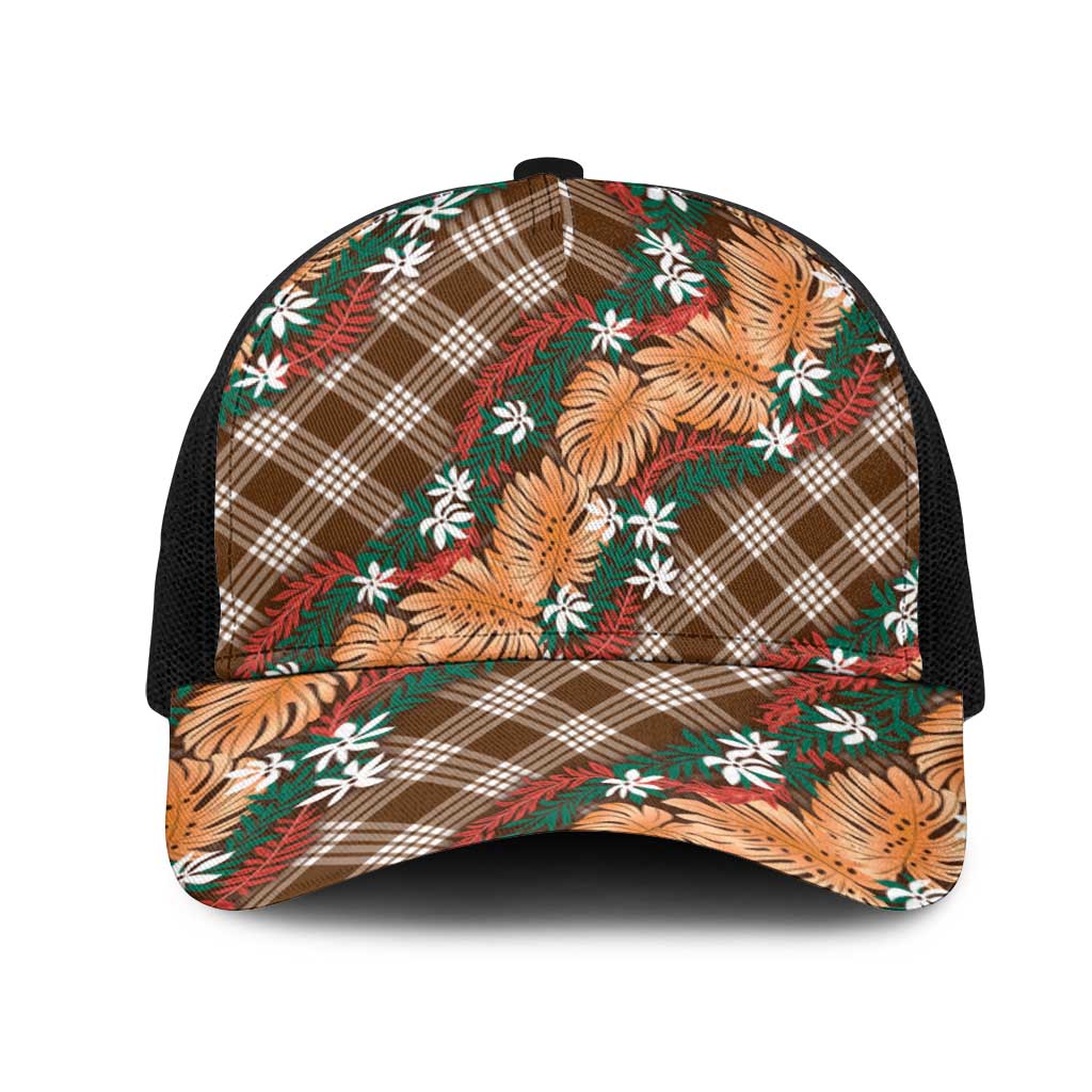 Polynesian Monstera Tiare Floral Mesh Trucker Cap Chocolate Brown Tropical Plaid - Polynesian Pride