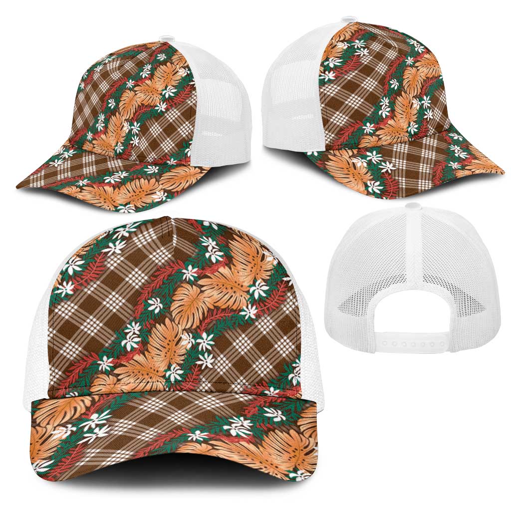 Polynesian Monstera Tiare Floral Mesh Trucker Cap Chocolate Brown Tropical Plaid - Polynesian Pride