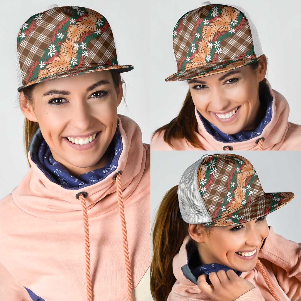 Polynesian Monstera Tiare Floral Mesh Trucker Cap Chocolate Brown Tropical Plaid - Polynesian Pride