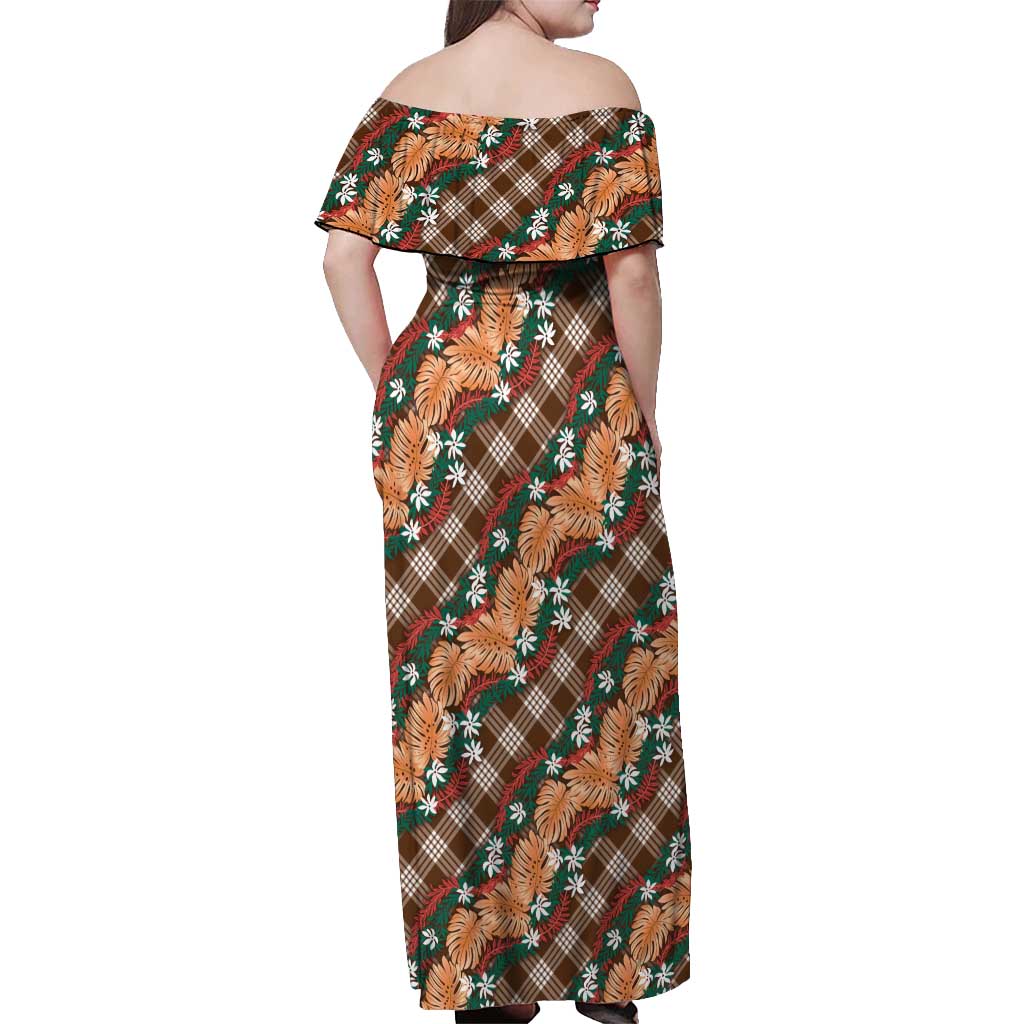 Polynesian Monstera Tiare Floral Off Shoulder Maxi Dress Chocolate Brown Tropical Plaid LT01 - Polynesian Pride