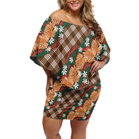 Polynesian Monstera Tiare Floral Off Shoulder Short Dress Chocolate Brown Tropical Plaid - Polynesian Pride